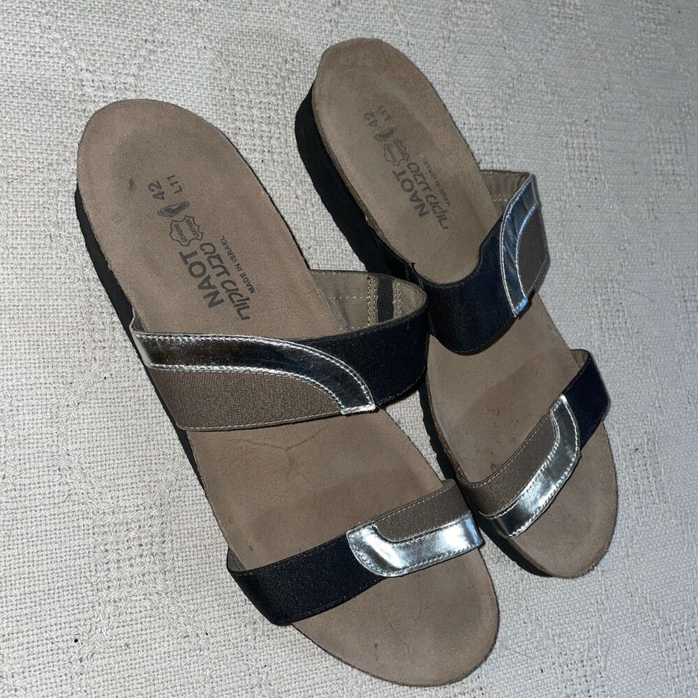 Naot Women’s Casual Slides Size 42 U.S. 11 M Black Silver Leather Beach Cruise